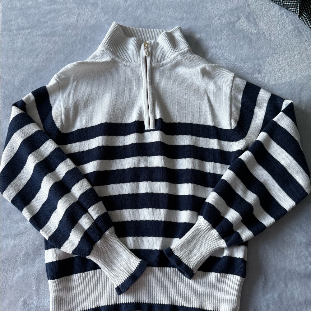J.Crew Factory Striped Black and White Women's Sweater with Pearl Zipper - Picture 4 of 9